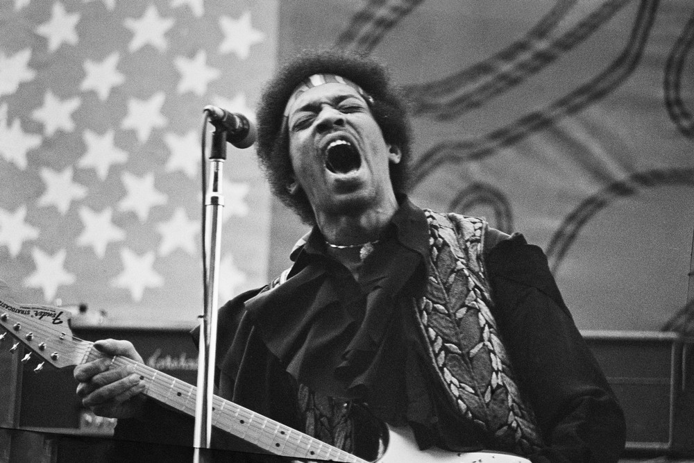 One of the more than 70 images in the exhibit Front Row Center: Icons of Rock, Blues and Soul at the Lorenzo Cultural Center, capturing Jimi Hendrik performing at the Golden Bear Raceway in Sacramento, Calif., on April 26, 1970. Photo courtesy of Larry Hulst. 